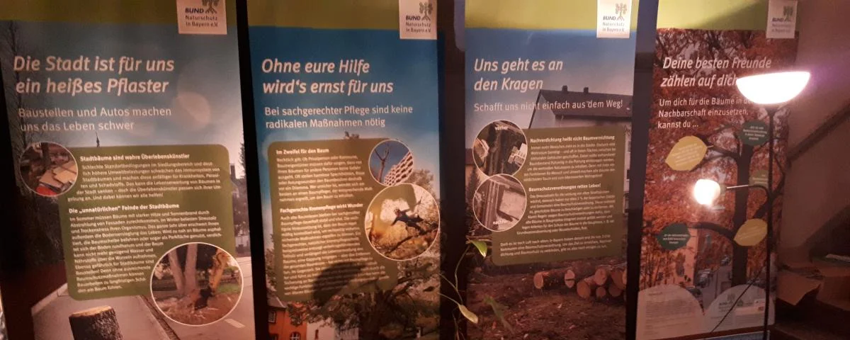 Roll-Ups mit Infos zu Bäumen im Rahmen der Ausstellung