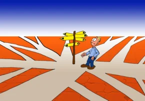 Ein gezeichneter Mensch steht an einer Kreuzung vor einem Wegweiser